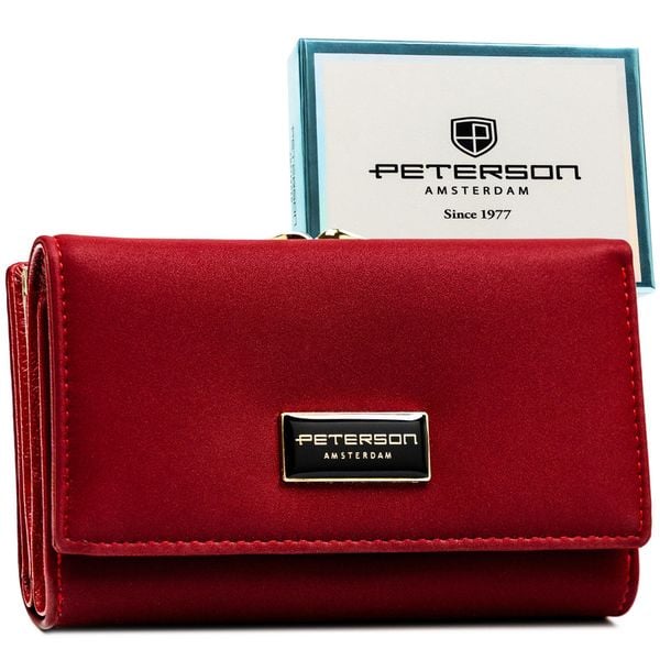 Czerwony portfel damski wykonany ze skóry naturalnej i ekologicznej PTN PS108-HNL Peterson. Czerwone portfele Peterson, bez wzorów, ze skóry. Za 124.99 zł.