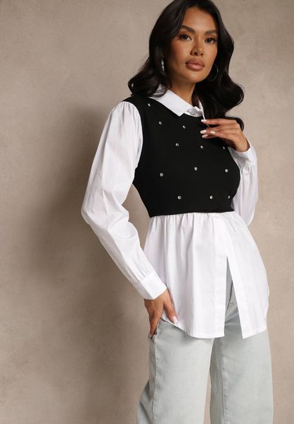 Czarna Koszulowa Bluzka z Wiskozą o Rozkloszowanym Kroju z Wszytą Kamizelką Uliadorella. Czarne bluzki Renee, z aplikacjami, z jeansu, bez kołnierzyka, bez ramiączek. Za 79.99 zł.