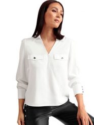 Heine Bluzka w kolorze białym rozmiar: 42. Białe bluzki Heine, bez wzorów, z wiskozy, bez kołnierzyka, bez ramiączek. Za 39.99 zł.