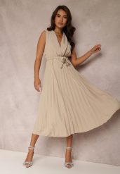 Beżowa Sukienka Volantis. Brązowe sukienki Renee, na wesele, bez wzorów, eleganckie, bez kołnierzyka, bez ramiączek, maxi, kopertowe. Za 74.99 zł.