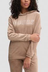 GUESS Brązowa welurowa damska bluza Couture, Rozmiar XS. Brązowe bluzy sportowe Guess, s, z aplikacjami, z weluru, z kapturem. W wyprzedaży za 179.99 zł.