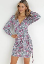Różowo-Fioletowa Kopertowa Sukienka z Długim Rękawem Teuila. Czerwone sukienki Born2be, l, bez wzorów, z tkaniny, eleganckie, bez kołnierzyka, bez ramiączek, maxi, kopertowe. Za 129.99 zł.