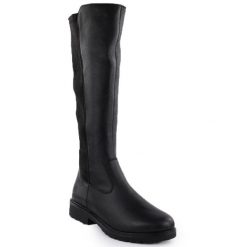 Skórzane kozaki damskie z elastyczną cholewką czarne Remonte Rieker R6594-00. Czarne kozaki Rieker, ze skóry, bez obcasa, bez zapięcia. Za 519.00 zł.
