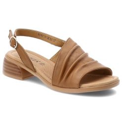 Sandały damskie Vinceza, cholewka ze skóry naturalnej marszczony pasek z przodu na niskim obcasie, brązowe, 66957. Brązowe sandały VINCEZA, bez wzorów, ze skóry, eleganckie, bez obcasa, na obcasie, bez zapięcia. Za 169.00 zł.