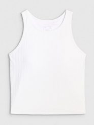 4F Top slim z prążkowanej dzianiny damski - biały S. Białe topy 4f, s, bez wzorów, z dzianiny, bez kołnierzyka, bez ramiączek. Za 89.99 zł.