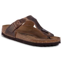 Japonki Birkenstock. Brązowe klapki Birkenstock, bez wzorów, bez obcasa. Za 429.99 zł.