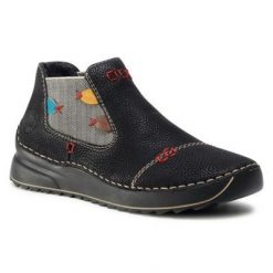 RIEKER 51592-00 Czarny. Czarne botki Rieker, bez wzorów, ze skóry ekologicznej, bez obcasa, bez zapięcia. Za 259.99 zł.