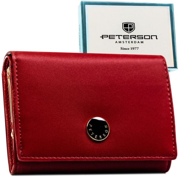 Czerwony portfel damski zamykany na zatrzask PTN PS445-HNL Peterson. Czerwone portfele Peterson, bez wzorów, ze skóry. Za 119.99 zł.