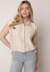 Beżowa Wiskozowa Koszula Boho Bez Rękawów ze Ściągaczem w Pasie Limopise. Brązowe koszule Born2be, l, bez wzorów, z materiału, boho, bez kołnierzyka, bez ramiączek. Za 89.99 zł.