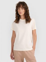4F T-shirt regular gładki damski - beżowy M. Brązowe t-shirty 4f, m, bez wzorów, z bawełny, bez kołnierzyka, bez ramiączek. Za 49.99 zł.