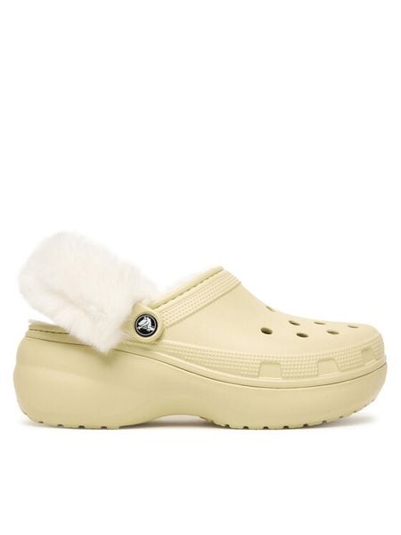 Crocs Klapki Classic Platform Fuzz Lined Clog 212854 Beżowy. Brązowe klapki Crocs, bez wzorów, z tworzywa sztucznego, bez obcasa. Za 309.99 zł.