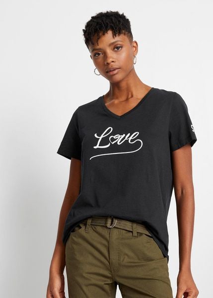 T-shirt z nadrukiem. Czarne t-shirty bonprix, bez wzorów, bez kołnierzyka, bez ramiączek. Za 37.99 zł.