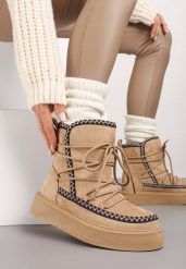 Ciemnobeżowe Sznurowane Śniegowce na Platformie Coralinia. Brązowe trapery i śniegowce Renee, z jeansu. Za 79.99 zł.