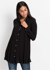 Bluzka z plisą guzikową z perełkami. Czarne bluzki bonprix, bez wzorów, eleganckie, bez kołnierzyka, bez ramiączek. Za 124.99 zł.