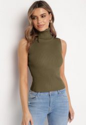 Zielona Khaki Bluzka z Golfem bez Rękawów z Elastycznego Materiału Heliordia. Zielone golfy Born2be, uniwersalny, bez wzorów, bez ramiączek. Za 39.99 zł.