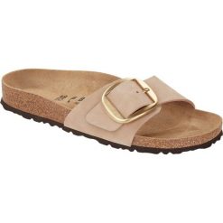 Damskie japonki duża matowa złota klamra MADRID. Brązowe klapki Birkenstock, bez wzorów, z materiału, bez obcasa. Za 486.00 zł.
