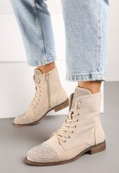 Beżowe Płaskie Sznurowane Botki Ozdobione Cyrkoniami Innithra. Brązowe botki Born2be, na jesień, z aplikacjami, z jeansu, bez obcasa, na obcasie, bez zapięcia. Za 109.99 zł.