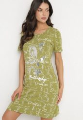 Jasnozielona Bawełniana Sukienka o T-shirtowym Kroju z Ozdobnym Nadrukiem Feviressa. Zielone sukienki Born2be, na co dzień, na lato, m, bez wzorów, z bawełny, eleganckie, bez kołnierzyka, bez ramiączek, mini. Za 39.99 zł.