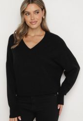 Czarny Sweter z Dekoltem w V z Domieszką Kaszmiru Mariara. Czarne swetry Born2be, uniwersalny, bez wzorów, z jeansu, bez ramiączek. Za 119.99 zł.
