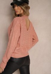 Jasnoróżowy Sweter z Dekoltem na Plecach z Ozdobnym Splotem Torleana. Czerwone swetry Renee, m, bez wzorów, z jeansu, bez ramiączek. Za 99.99 zł.