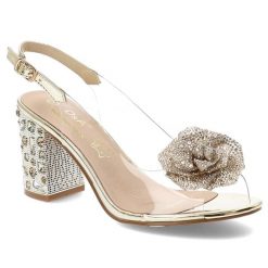 Sandały damskie S. Barski, na słupku eleganckie na bal z ozdobą transparentne, złote, MR51-702. Żółte sandały S.BARSKI, z aplikacjami, eleganckie, bez obcasa, na obcasie, bez zapięcia. Za 169.99 zł.