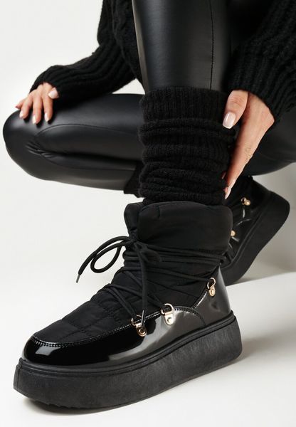 Czarne Ocieplone Śniegowce na Platformie z Wycięciem i Ozdobnym Wiązaniem Wokół Cholewki Abintte. Czarne trapery i śniegowce Born2be. Za 69.99 zł.