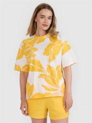 4F T-shirt oversize z nadrukiem damski - granatowa S. Niebieskie t-shirty 4f, s, bez wzorów, z bawełny, bez kołnierzyka, bez ramiączek. W wyprzedaży za 39.99 zł.