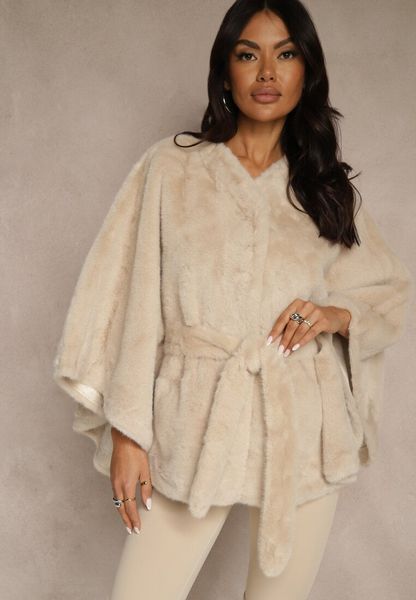 Beżowe Futerkowe Ponczo Ozdobione Paskiem Monareva. Brązowe swetry Renee, bez wzorów, z jeansu, bez ramiączek. Za 159.99 zł.