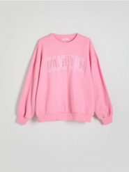 Bawełniana bluza z nadrukiem - jasnopomarańczowy. Brązowe bluzy Reserved, l, bez wzorów, z bawełny, bez kaptura. W wyprzedaży za 69.99 zł.