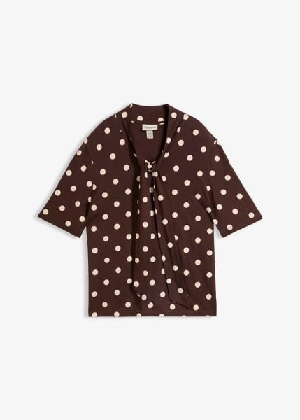 Bluzka z krawatką. Brązowe bluzki bonprix, bez wzorów, eleganckie, bez kołnierzyka, bez ramiączek. Za 79.99 zł.