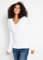Sweter z dekoltem w serek z dzianiny o gładkim splocie drobnych oczek. Zielone swetry bonprix, bez wzorów, z bawełny, bez ramiączek. Za 87.99 zł.