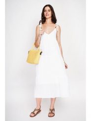 ASSUILI Lniana sukienka w kolorze białym rozmiar: 38. Białe sukienki Assuili, bez wzorów, ze lnu, bez kołnierzyka, bez ramiączek, maxi, rozkloszowane. Za 130.99 zł.