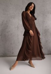 Brązowa Rustykalna Sukienka Wieczorowa z Falbanami i Marszczeniem w Talii Himereanes. Brązowe sukienki Renee, l, z aplikacjami, z materiału, wizytowe, bez kołnierzyka, bez ramiączek, maxi, rozkloszowane. Za 199.99 zł.