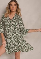 Zielona Sukienka Bawełniana o Rozkloszowanym Kroju w Etniczny Print Zalivine. Zielone sukienki Renee, na co dzień, na lato, l, z aplikacjami, z bawełny, eleganckie, bez kołnierzyka, bez ramiączek, mini, rozkloszowane. Za 44.99 zł.