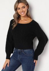 Czarny Sweter z Dodatkiem Wiskozy i Ściągaczem Ozdobiony Splotem Fizena. Czarne swetry Born2be, l, bez wzorów, z jeansu, bez ramiączek. Za 119.99 zł.