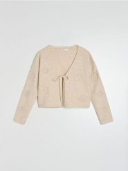 Kardigan z dekoracyjnym wiązaniem i aplikacjami w kształcie kwiatów - beżowy. Brązowe kardigany Sinsay, l, z aplikacjami. Za 49.99 zł.