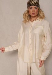 Jasnobeżowa Koszula Oversize w Klasycznym Stylu z Kieszonką Liozira. Brązowe koszule Renee, l, bez wzorów, biznesowe, bez kołnierzyka, bez ramiączek. Za 89.99 zł.