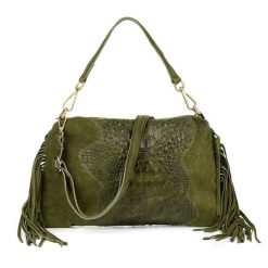 Listonoszka skórzana boho VERA PELLE Z24 zielona. Zielone torebki klasyczne bez wzorów, ze skóry, zamszowe, bez dodatków. Za 164.99 zł.