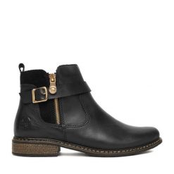 Botki Rieker. Czarne botki Rieker, bez wzorów, bez obcasa, na płaskiej podeszwie, bez zapięcia. Za 389.99 zł.