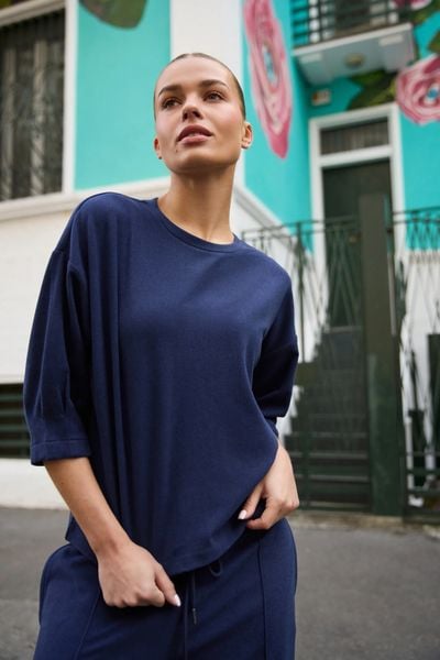 Bluza z krótkimi rękawami granatowa. Bluzy MOODO, l, bez wzorów, bez kaptura. Za 99.99 zł.