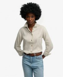 Superdry Premium lniana koszula boyfriend – 100% len, Light Stone Beige. Brązowe koszule Superdry, bez wzorów, ze lnu, eleganckie, bez kołnierzyka, bez ramiączek. Za 388.25 zł.