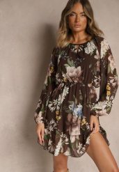 Brązowa Rozkloszowana Sukienka Ozdobiona Kwiatowym Wzorem Zerovia. Brązowe sukienki Renee, na co dzień, l, bez wzorów, z wiskozy, eleganckie, bez kołnierzyka, bez ramiączek, mini, proste. Za 119.99 zł.