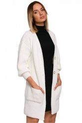 Długi kardigan sweter z kieszeniami i bufiastymi rękawami ecru. Kardigany Polskie swetry, m, bez wzorów. Za 269.00 zł.