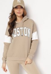 Beżowa Bluza z Kapturem i Ozdobnym Nadrukiem Ocieplona Polarem Cliose. Brązowe bluzy Born2be, bez wzorów, z bawełny, z kapturem. Za 89.99 zł.