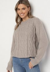 Szary Sweter z Wełną Ściągaczem i Tłoczeniem Riavonnae. Szare swetry Born2be, bez wzorów, z jeansu, bez ramiączek. Za 59.99 zł.