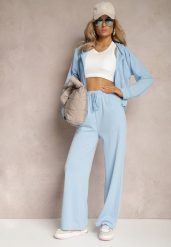 Niebieski Komplet Dresowy o Luźnym Kroju Bluza na Suwak z Kapturem i Spodnie Szerokie Ezorila. Niebieskie bluzy Renee, m, bez wzorów, z dresówki, z kapturem. Za 64.99 zł.