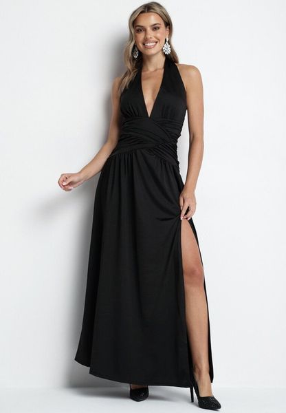 Czarna Koktajlowa Sukienka z Marszczeniem Odkrytymi Plecami i Usztywnianymi Miseczkami Vamilina. Czarne sukienki Born2be, na co dzień, m, bez wzorów, eleganckie, bez kołnierzyka, bez ramiączek, proste. Za 149.99 zł.