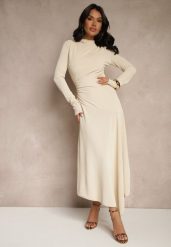 Beżowa Asymetryczna Sukienka Koktajlowa z Ozdobnymi Guzikami Dralriti. Brązowe sukienki Renee, m, bez wzorów, eleganckie, z asymetrycznym kołnierzem, bez ramiączek, maxi, asymetryczne. Za 139.99 zł.