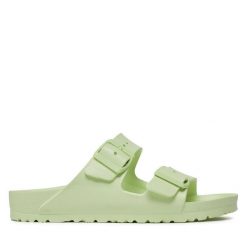 Klapki Birkenstock. Zielone klapki Birkenstock, bez wzorów, bez obcasa. Za 249.99 zł.
