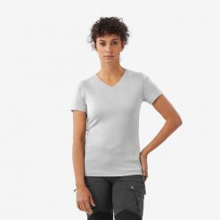 Koszulka damska z krótkim rękawem Travel 500 Merino. Brązowe bluzki FORCLAZ, l, bez wzorów, z materiału, klasyczne, bez kołnierzyka, bez ramiączek. Za 119.99 zł.